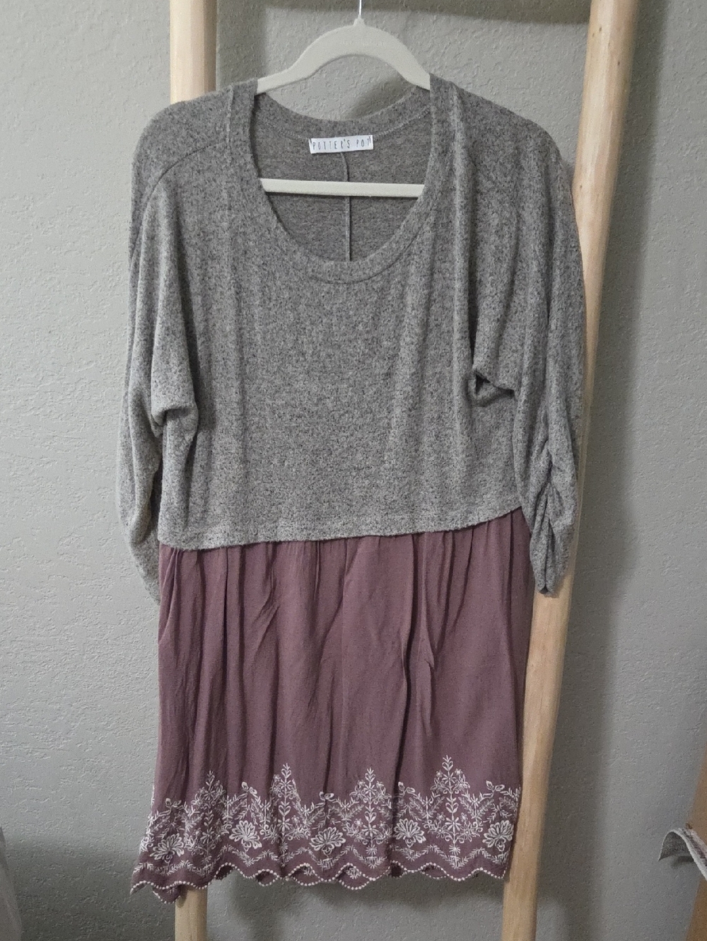 Cotton blend tunic dress, Potter's Pot, gray and mauve colorblock W/ embroidery